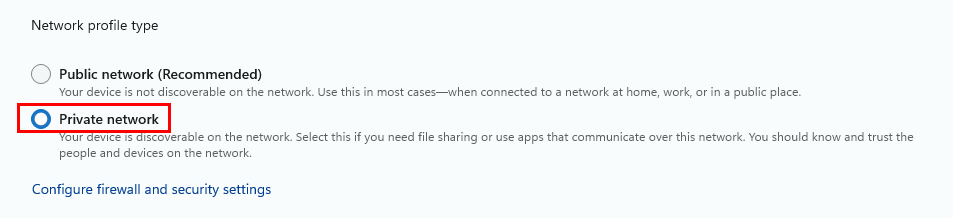 Network profile set to Private